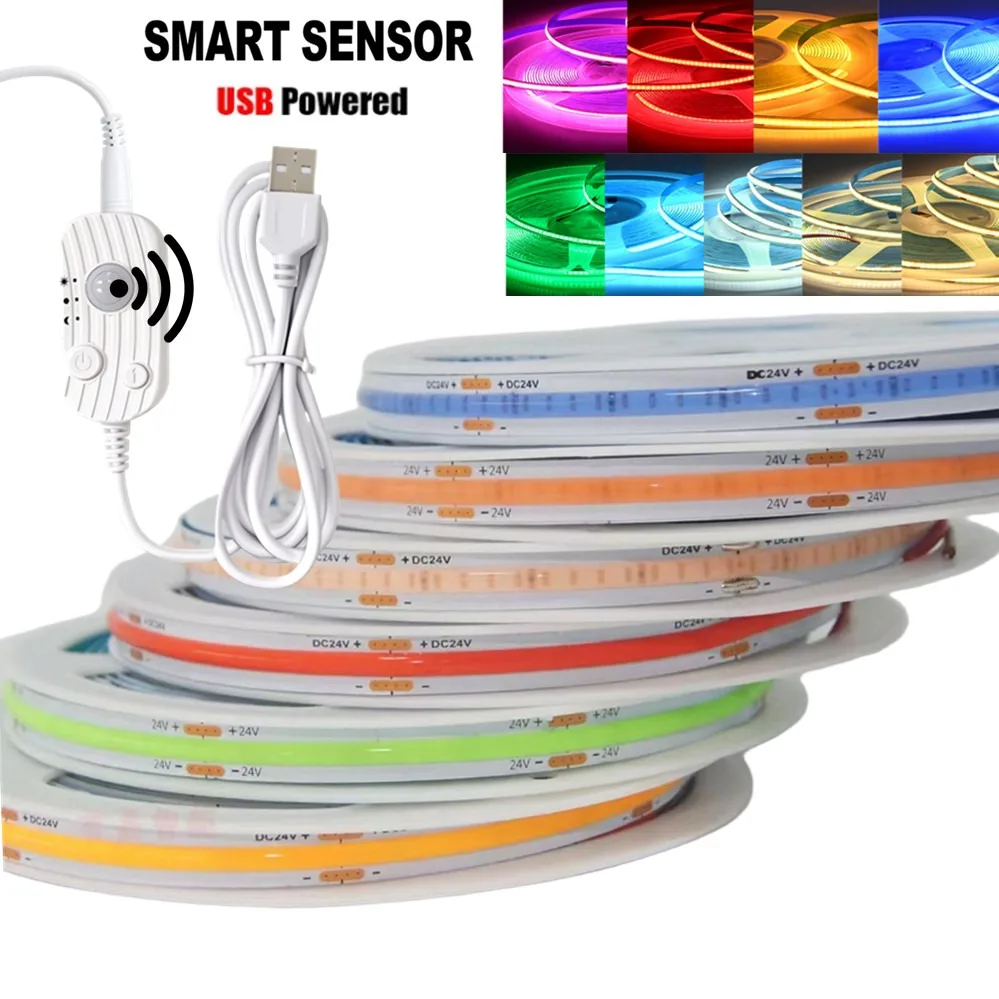 Motion Sensor 5V Led COB Light Strip Usb Powered Auto ON/OFF Liner Lighting Diode for Cabinet Wardrobe Kitchen TV Decoration