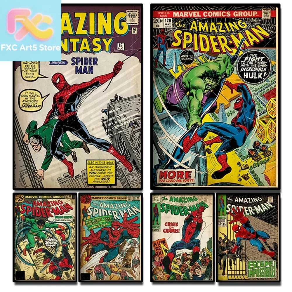 1 Stück rahmenloses Retro Marvel Superhelden Dekorationsgemälde Anime Spider-Man Kunstposter Amerikanischer Film Wandbild Kinderzimmer Wandbild
