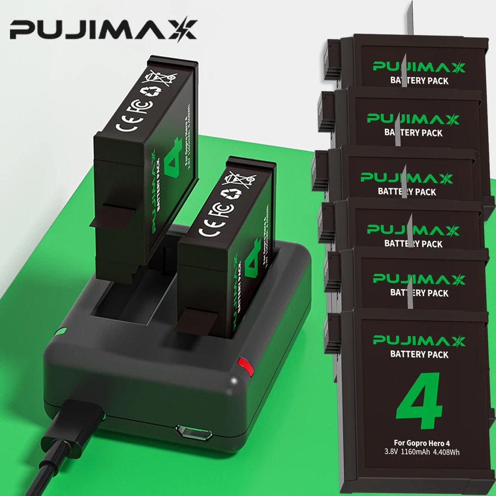 PUJIMAX 1160mAh Gopro Hero 4 Battery Replacement+2-Slots USB Charger for GoPro HERO4 Action Camera Rechargeable Battery