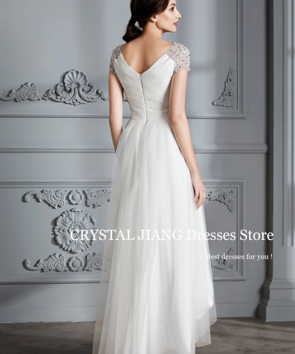 Classy Long Wedding Dresses V Neck Tulle with Short Sleeves Asymmetrical Vestido De Casamento Floor Length Dress