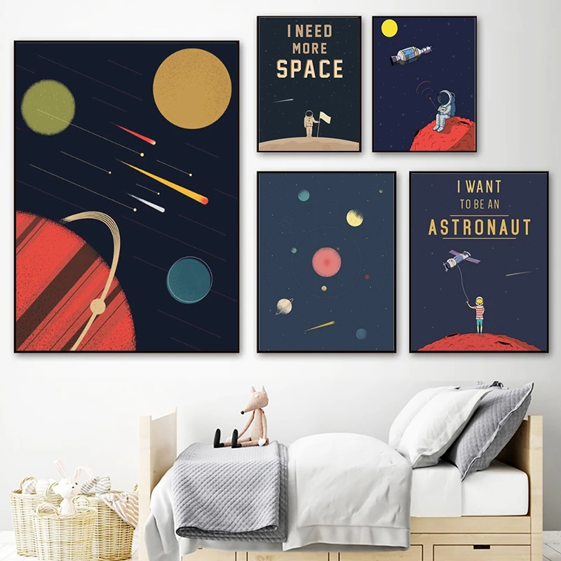 Space Themed Nursery Wall Art Prints Be Brave & Be Kind Quotes Canvas Posters Painting Baby Boy Gift Kids Room Wall Decoration