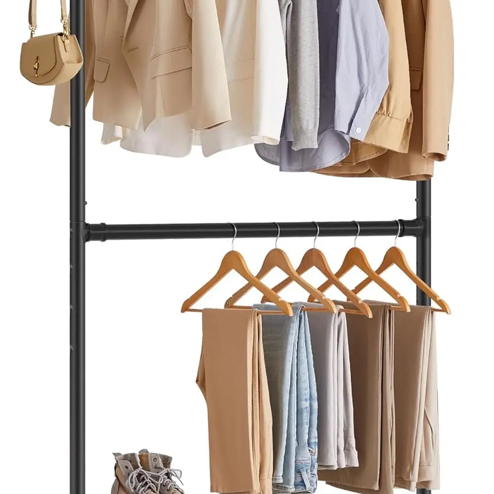 

Промышленная двухсторонняя вешалка для одежды с регулируемым металлическим каркасом, роликами и тормозами, для коммерческого дисплея, черная