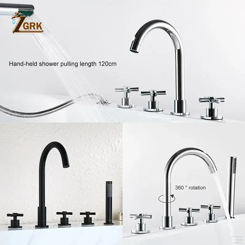 Bathtub Mixer Faucets Triple Handle Bath Tub Deck Mounted 5 Hole Water Crane Cold and Hot with Hand Shower Black Chrome Gold