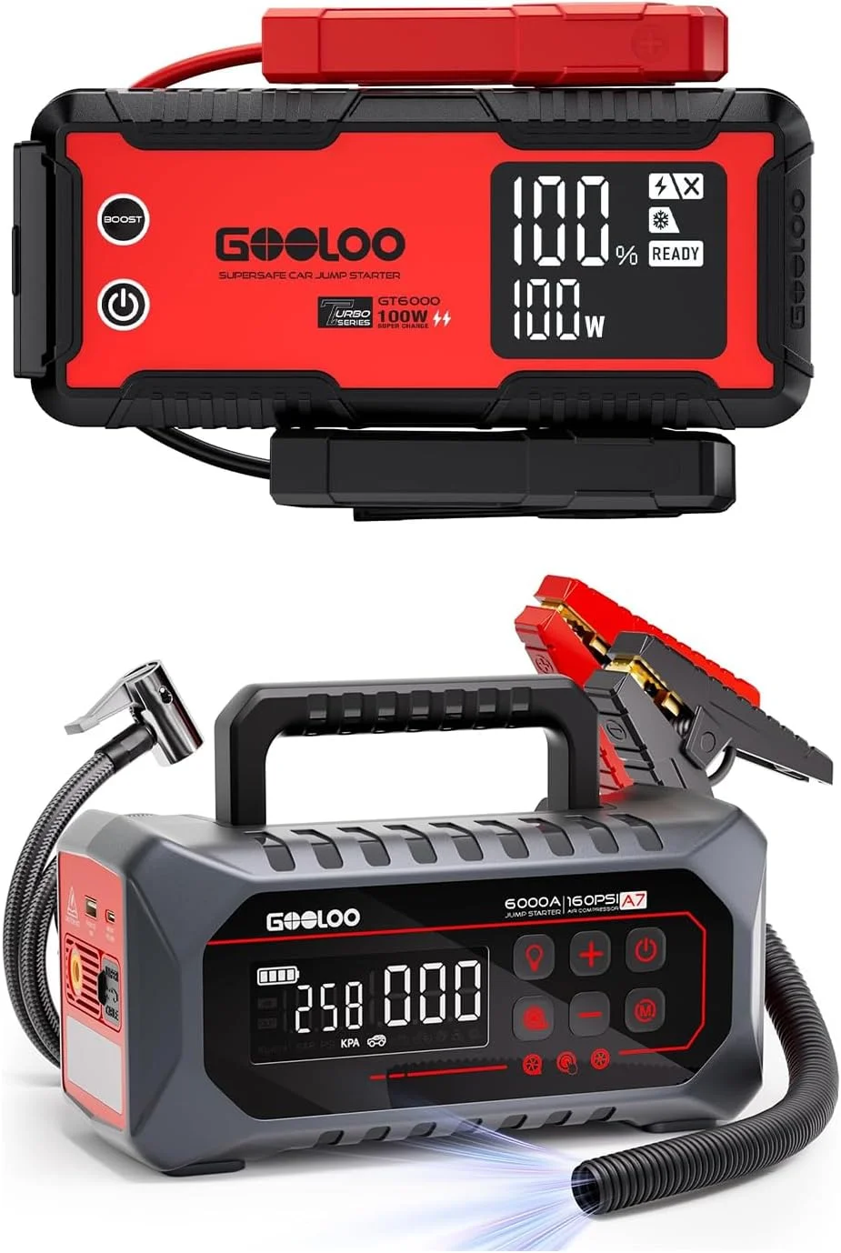 GOOLOO GT6000 & A7 6000A Car Jump Starter, GT6000: 100W Bidirectional Fast Charge, 27000mAh, 24-Month Standby for All Gas & 12L Diesel; A7: 160PSI Tire Inflator, Inflate & Deflate for Gas & 10L Diesel