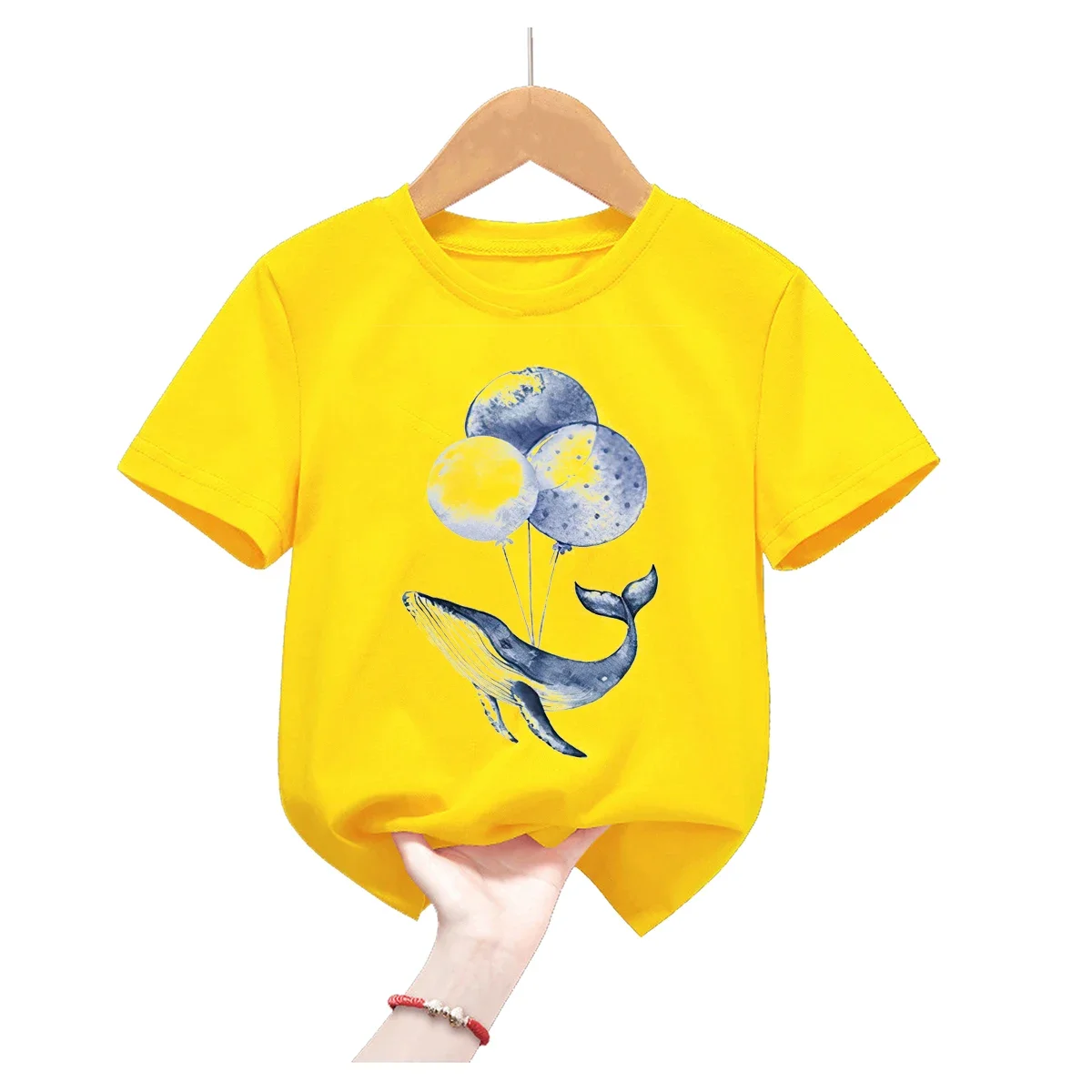 

Cute Dolphin With Balloon Print Yellow Tshirt Girls/Boys Harajuku Kawaii Kids Clothes Whale Flowers Summer Tops Fashion T Shirt