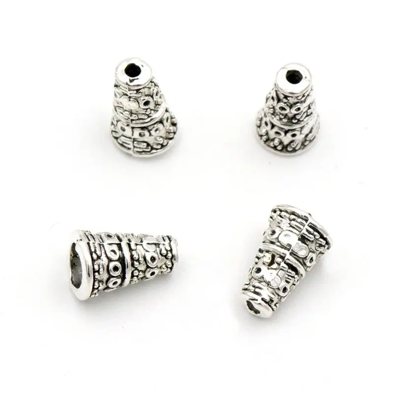 50Pcs Tibetan Silver Horn Tower Tassel Loose Sparer Bead End Caps for Jewelry Making Finding Diy Accessories Component Wholesale