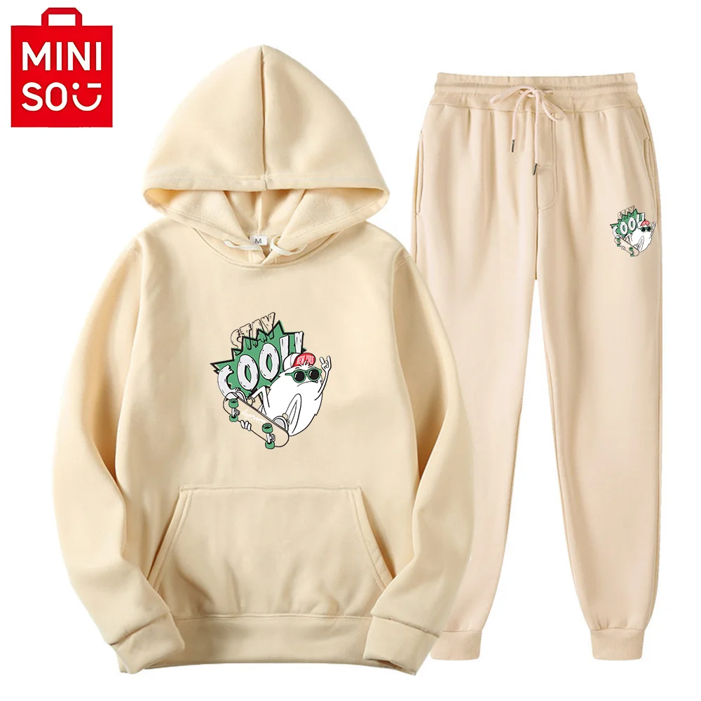 Miniso Men and Women Unisex Hoodie Pullover Kangaroo Pocket Dropped Shoulder Graphical Printed Vêtements de loisirs