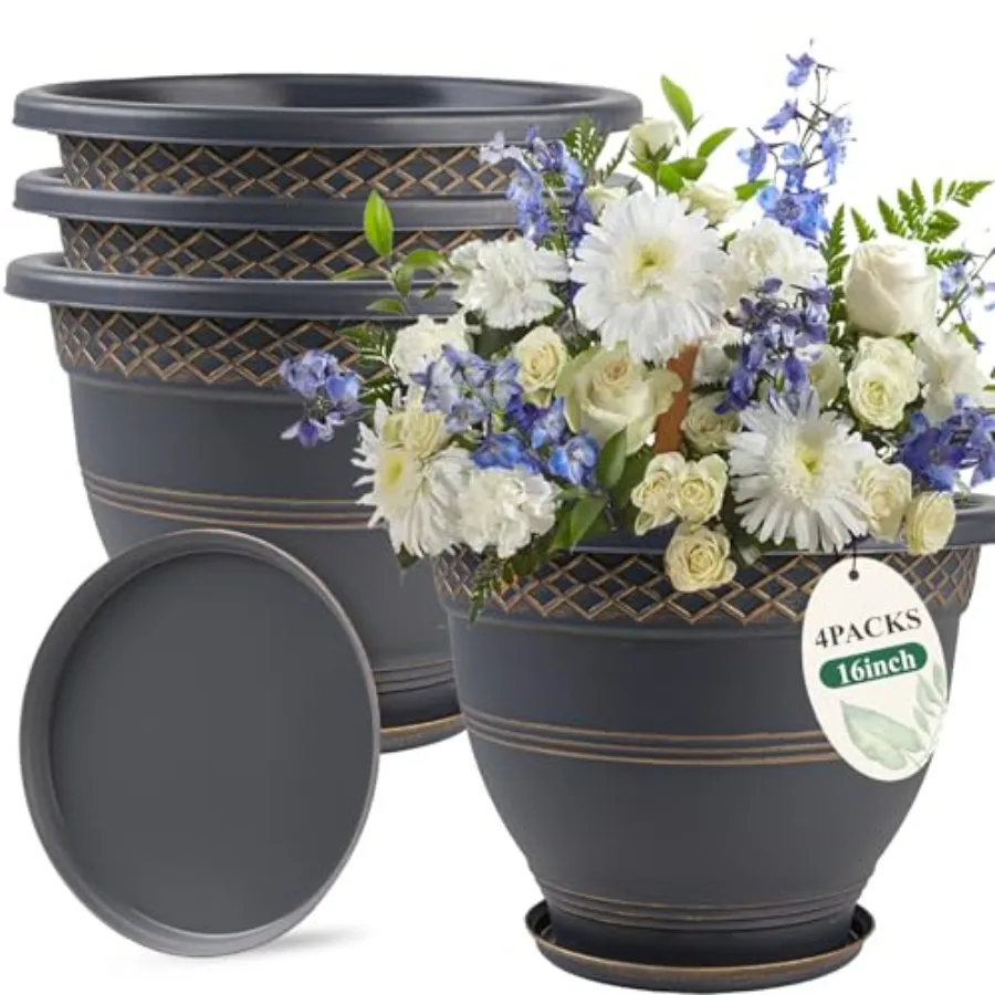 

4 Pack 16 Inch Large Plant Pots, Plastic Flower Pot for Indoor and Outdoor with Drainage Holes and Saucer, Plaid Pattern Plante