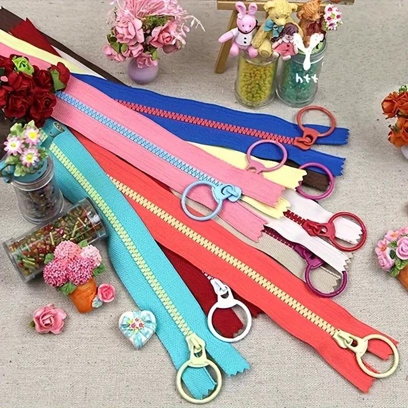 20pcs 15cm-35cm resin zipper in various colors, 3# closed with pull loop, durable zipper head, for sewing, crafts, bags