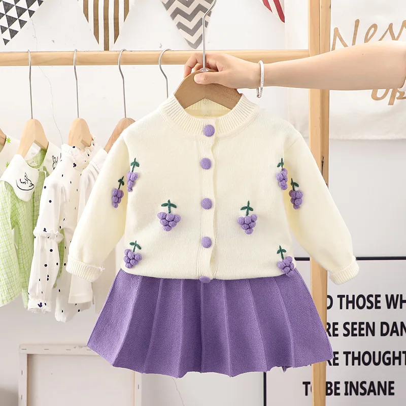 Baby Girls Clothes Set 2024 Autumn Winter Cartoon Grape Clothing Set Kids Knitted Sweet Outfit Children Clothes Suit