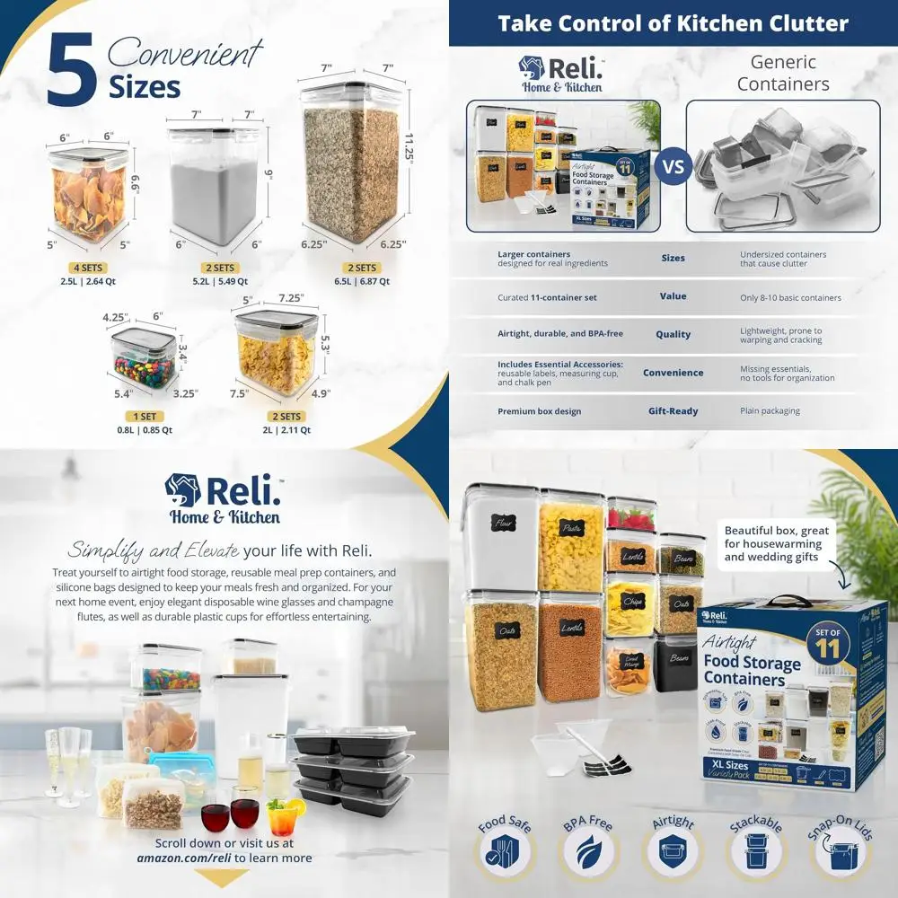 

Набор пластиковых контейнеров для хранения продуктов XL без BPA (11 предметов) с крышками, мерными стаканчиками, этикетками и ручкой для организации кухни