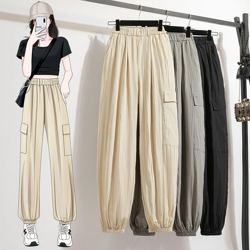 

2024 New Arrival Summer European Style Women Pockets Patchwork Ankle-length Pants Casual Loose Elastic Waist Harem Pants V859