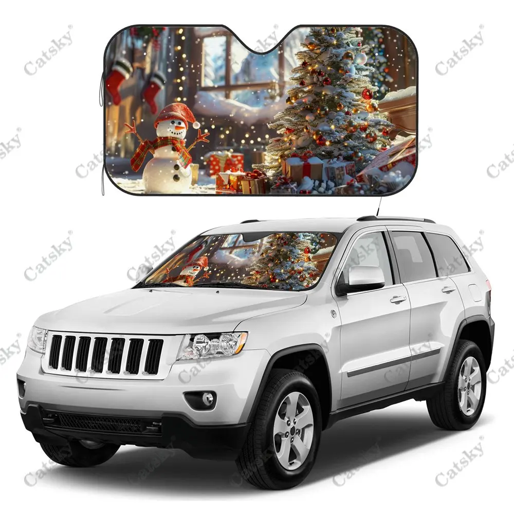 Merry Christmas Snowman Car Windshield Sunshade, Auto Accessories Front Windshield Sun Visor Blocks Uv Rays Protect Decoration