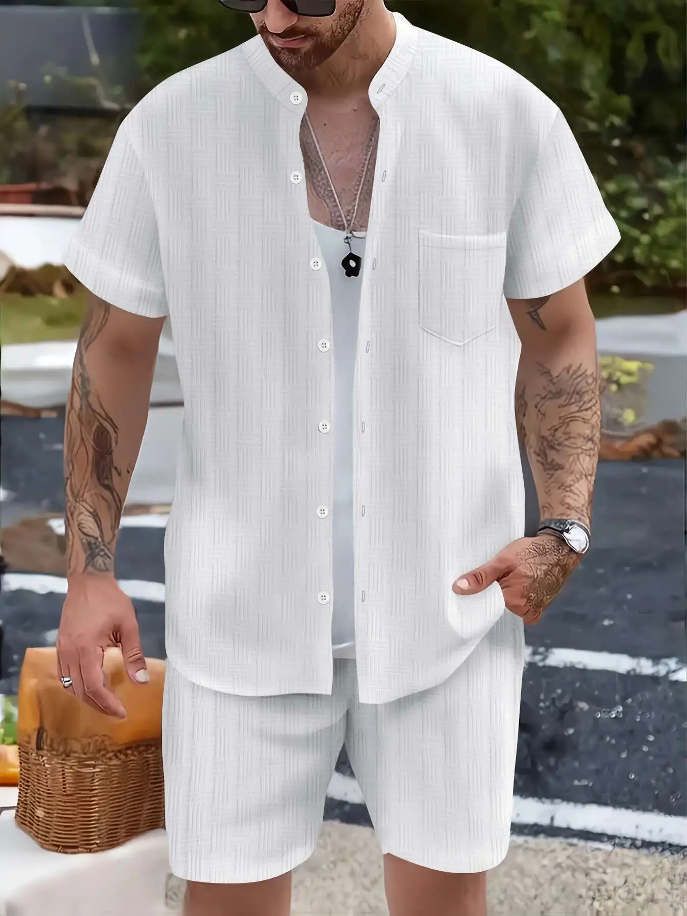 

New Men's casual suit Summer daily outdoor travel solid color jacquard lapel short-sleeved Shirt + drawstring Shorts 2-piece Set