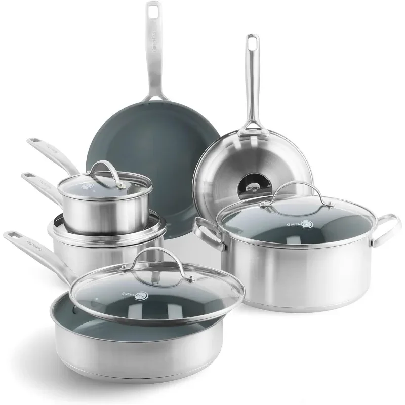 

GreenPan Treviso Stainless Steel Healthy Ceramic Nonstick, 10 Piece Cookware Pots and Pans Set, PFAS-Free, Clad, Dishwasher Safe