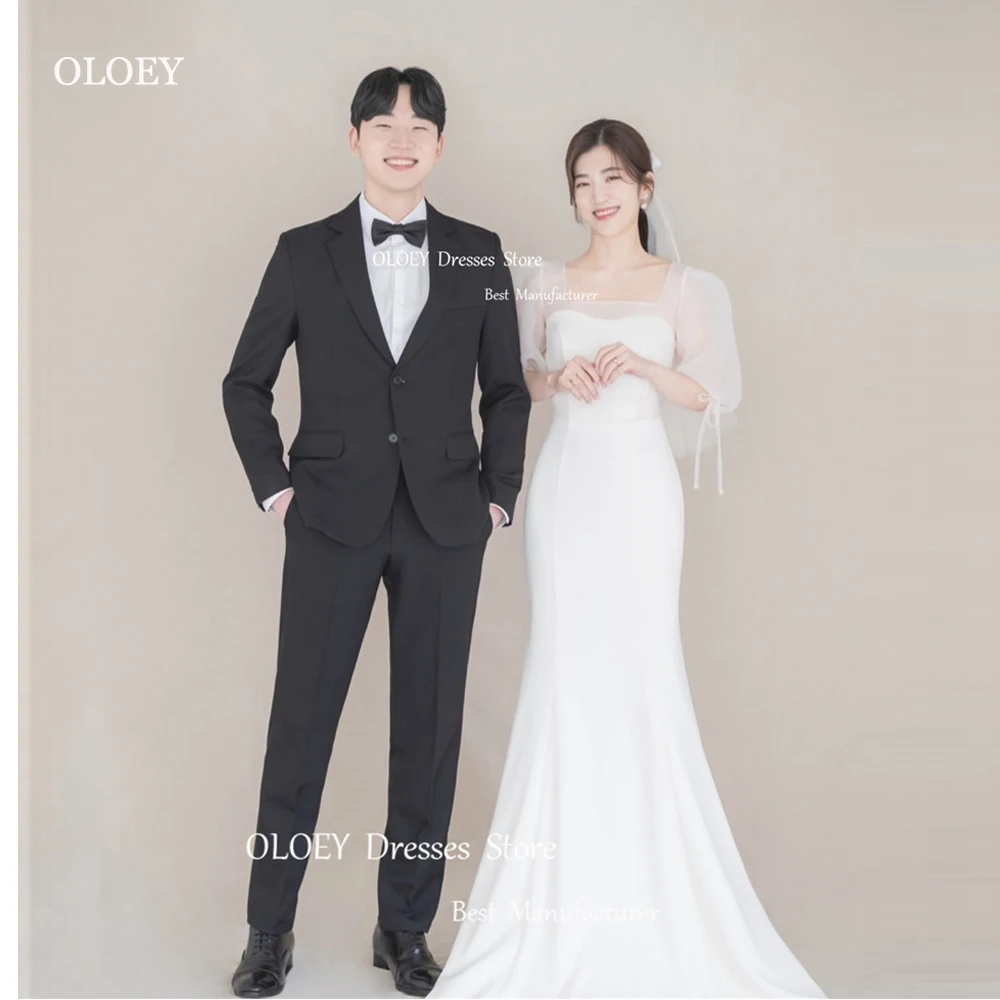 

OLOEY Vintage Simple Mermaid Korea Wedding Dresses Photo Shoot Puff Half Sleeves Stretch Satin Bridal Gowns Mariage Custom Made