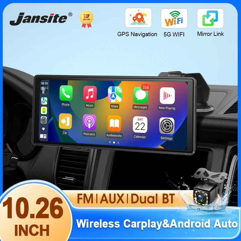 Universal 10.26 inch Portable Carplay AI Screen IPS Touchscreen Wireless Apple Carplay Android Auto GPS Navigation Bluetooth