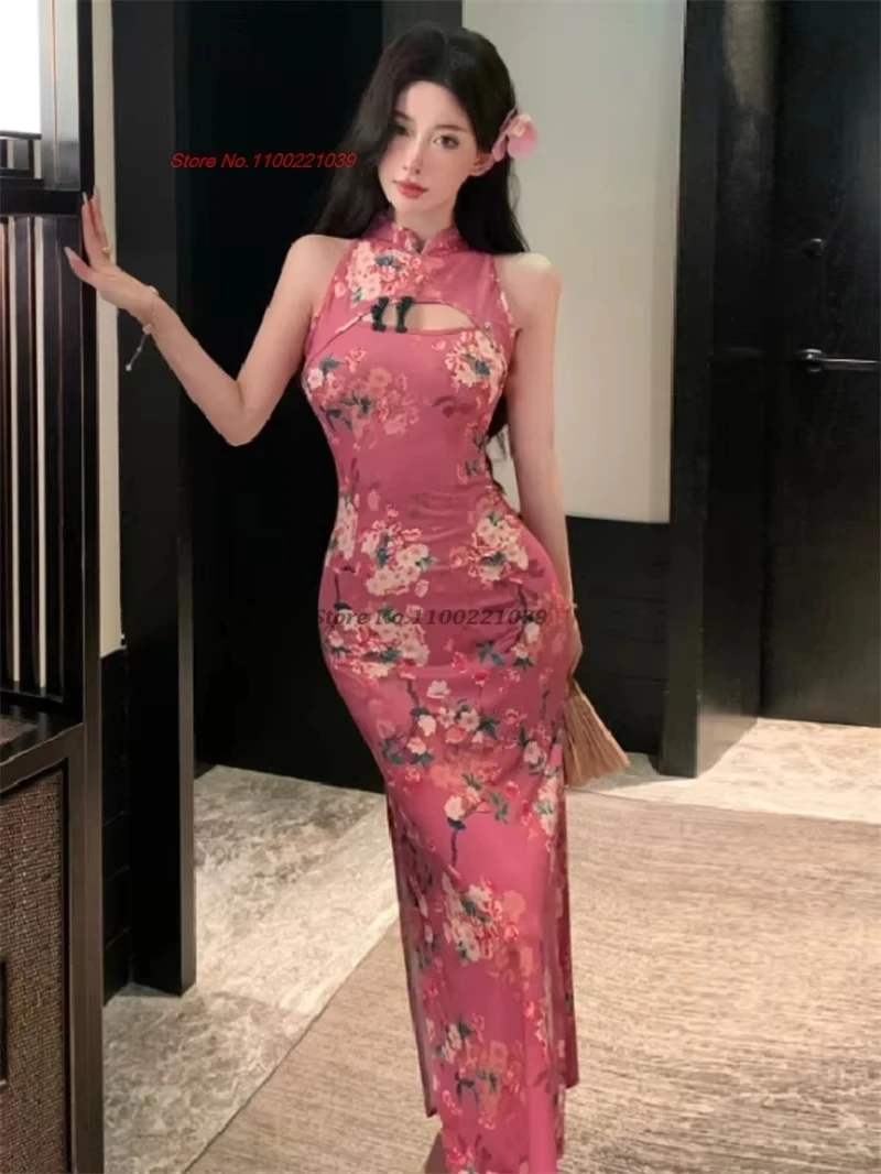 

2025 chinese improved cheongsam sexy qipao dress national flower print banquet qipao traditional nightclub evening dress qipao
