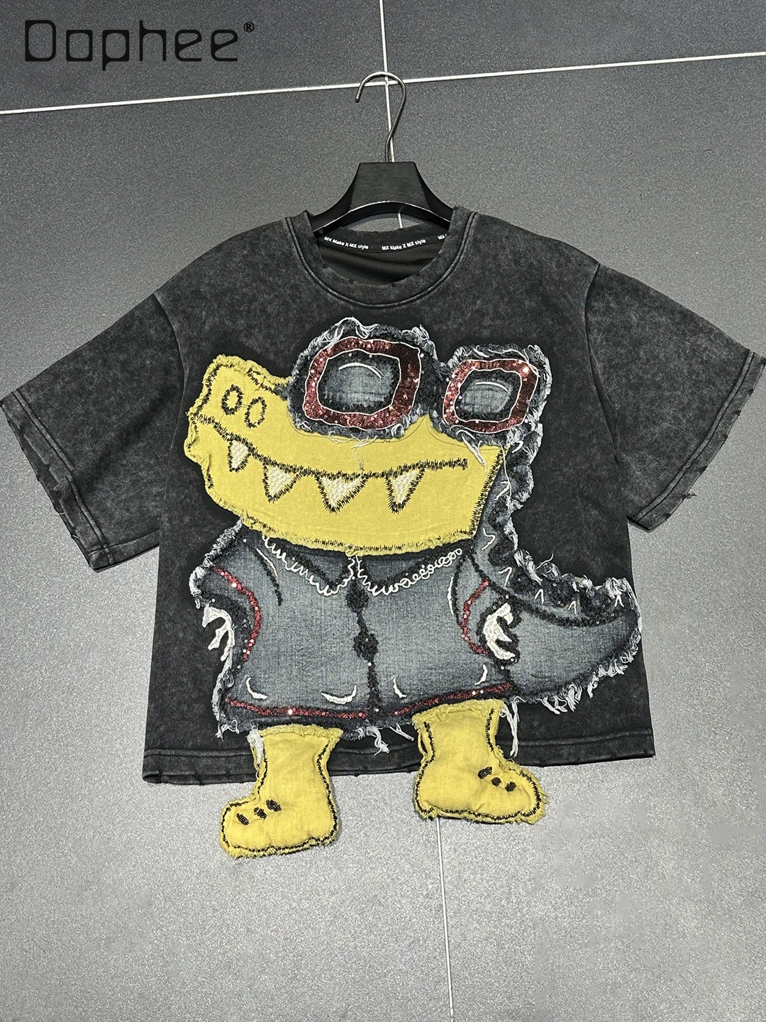 

Cartoon Small Dinosaur Short Sleeve T-Shirt for Women Loose Casual Three-Dimensional Decoration Half Sleeve Top Trendy