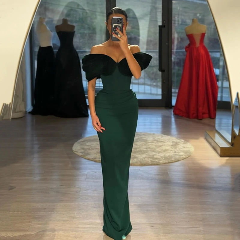 

Thinyfull Green Mermaid Prom Evening Dresses Off The Shoulder Satin Velvet Party Dress 2025 Night Cocktail Prom Gowns Customized