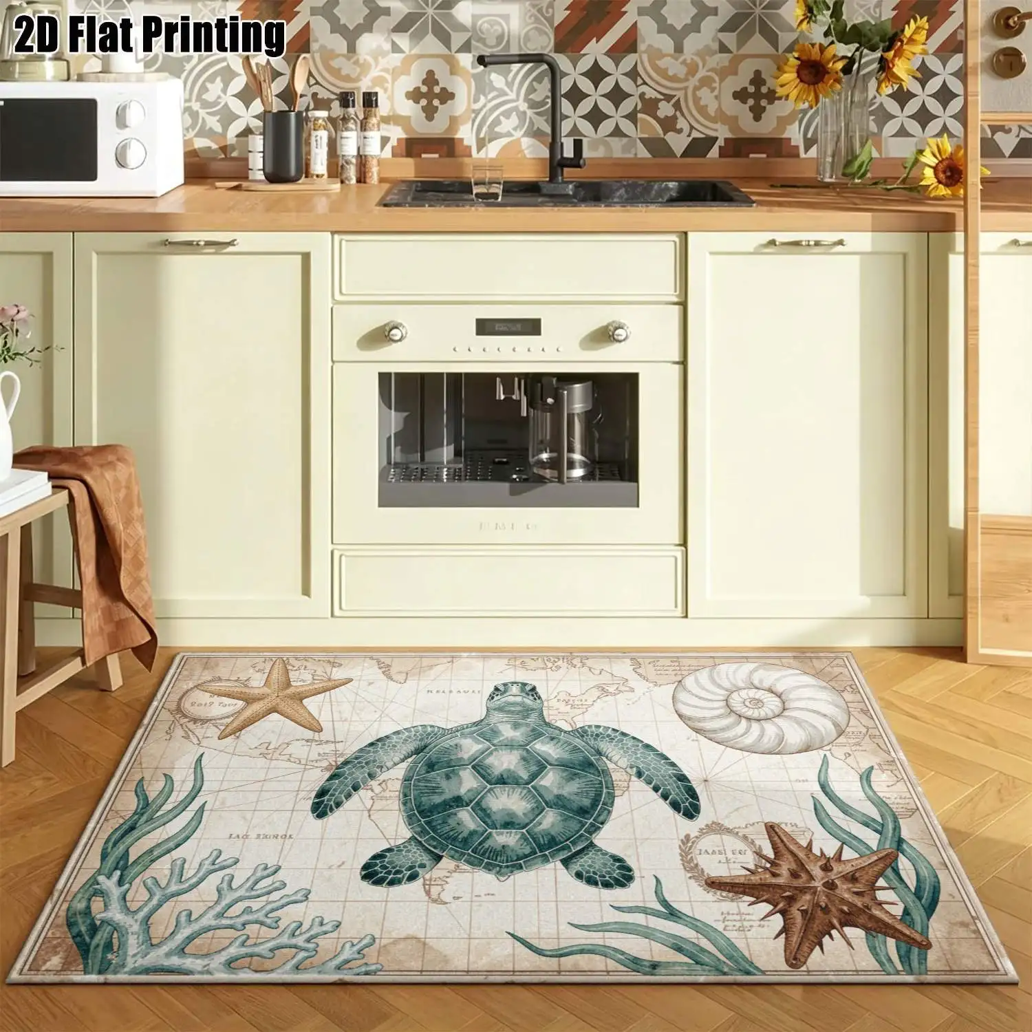 1Pc 2D Printed Retro Marine Life Pattern Carpet, Machine Washable, Multi-Size Home Decor Floor Mat for Multi-Scene Use