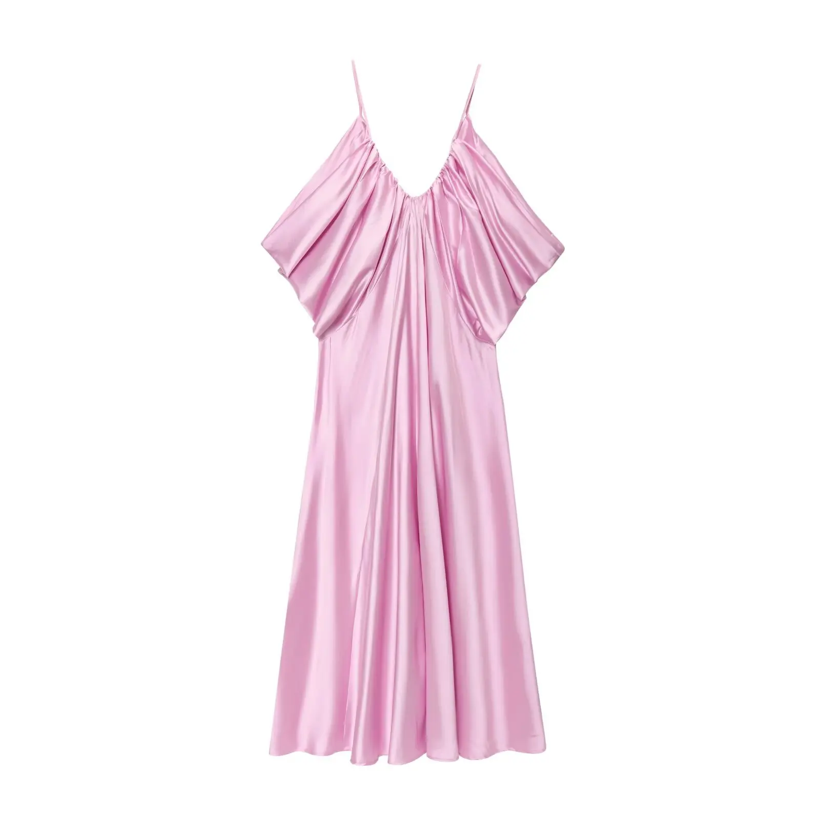 BSAY فستان ستان ملابس نسائية صيف جديد 2025 مثير على شكل حرف v حبال وردي رداء أنيق فرنسي أنيق فستان سهرة طويل