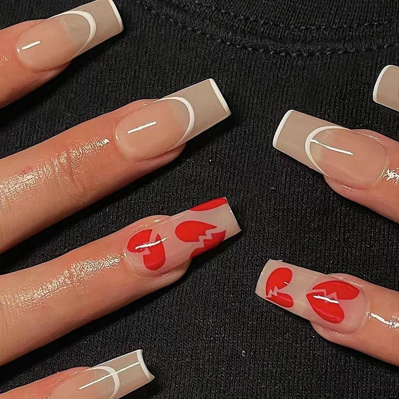 24 Uds. De uñas postizas largas de ataúd de Ballet, uñas postizas de corazón negro de San Valentín con diseño de estrella, uñas terminadas usables con diamantes