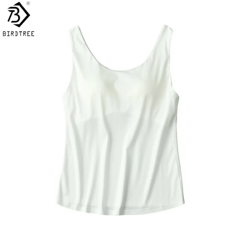 Birdtree, Silk Blended Solid Tank Top, Sleeveless Vest, Women's Soft V-neck Tops, With Breasted Pads, 2026 Autumn New T6O506JF