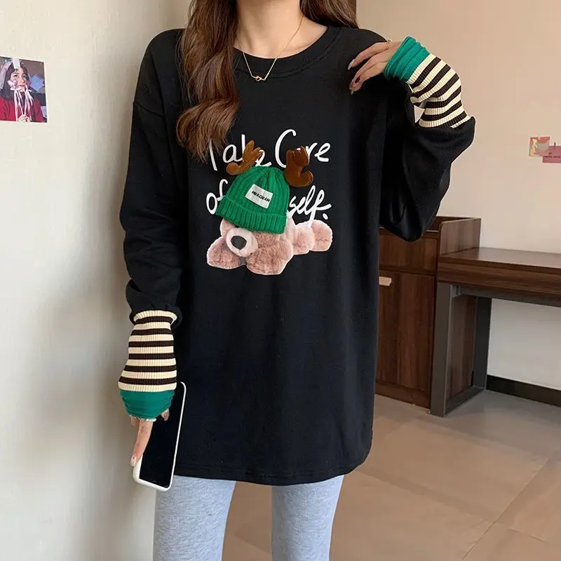 Fashion Printed Spliced Striped Casual T-Shirt Female Clothing 2023 Autumn Winter New Loose Korean Tops Fake Two Piece Tee Shirt