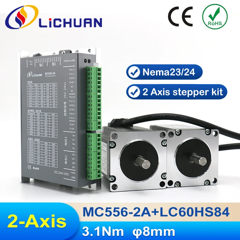 

Lichuan Nema24 2-Axis Hybrid Stepper Motor CNC Kit 2 Phase 3.1Nm 3A and Stepper Driver DC20V-50V MC556-2A+LC60HS84