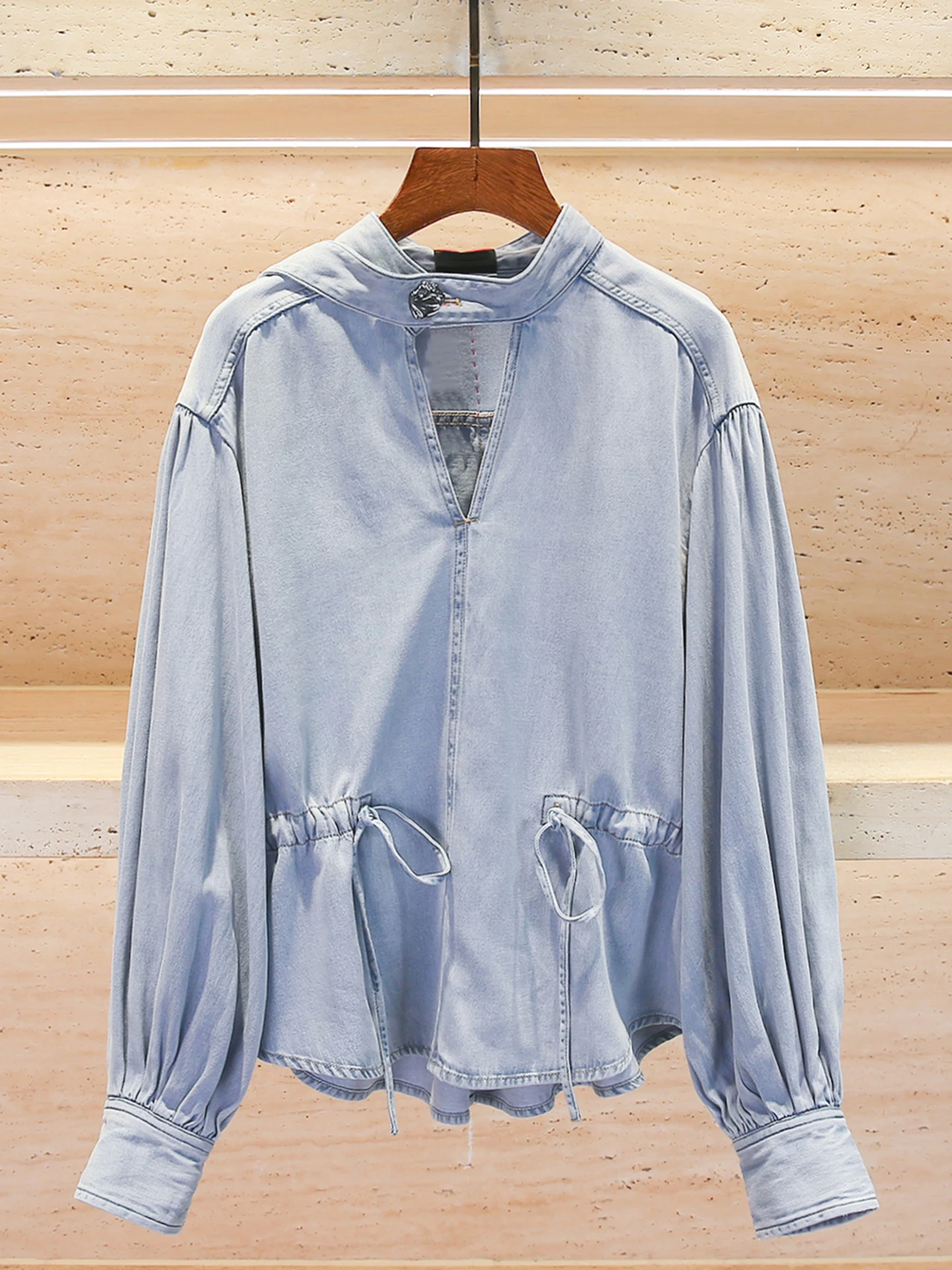 

High Waist Denim Shirt Women's Spring Design Belted Casual Style Long Sleeve V-Neck Button Closure Pure Color Fashion Top
