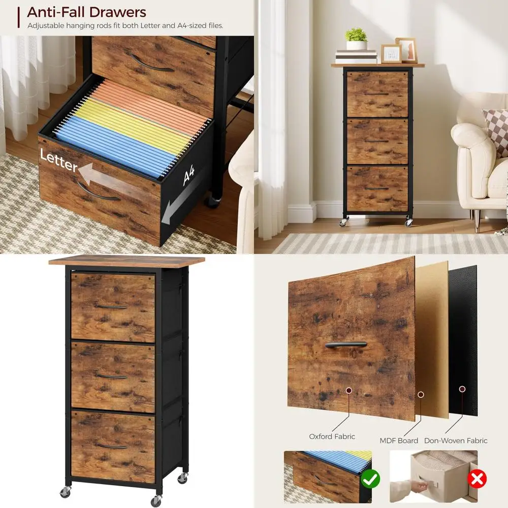 

Adjustable Hanging Rod Cabinet with Wheels, Non-Woven Fabric, A4/Letter Size for Home Office, Rustic Brown
