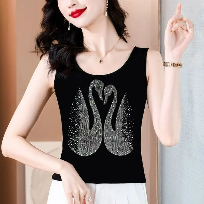 Summer New Female Swan Rhinestones Sleeveless Inner Wear Slim Fit Suspender Thin Outfit Versatile Sleeveless Tank Top