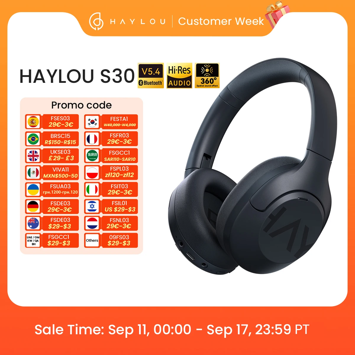 HAYLOU S30 Wireless Bluetooth 5.4 Headphones 43dB Adaptive Noise Cancelling Headsets 40mm Driver 80H Playtime Earphones