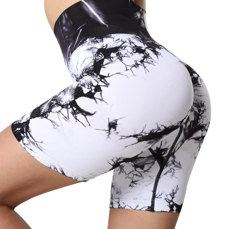 Tie dye yoga fitness shorts, sports fitness short leggings, gathered tight pants, women's high waisted seamless exercise yoga sh