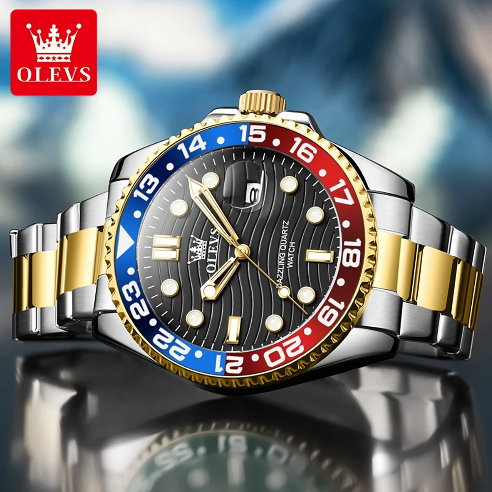 Classic Men's Watches Blue Red Bezel Fine Steel Original Quartz Watch for Man Luminous Date Waterproof Wristwatch Trend New