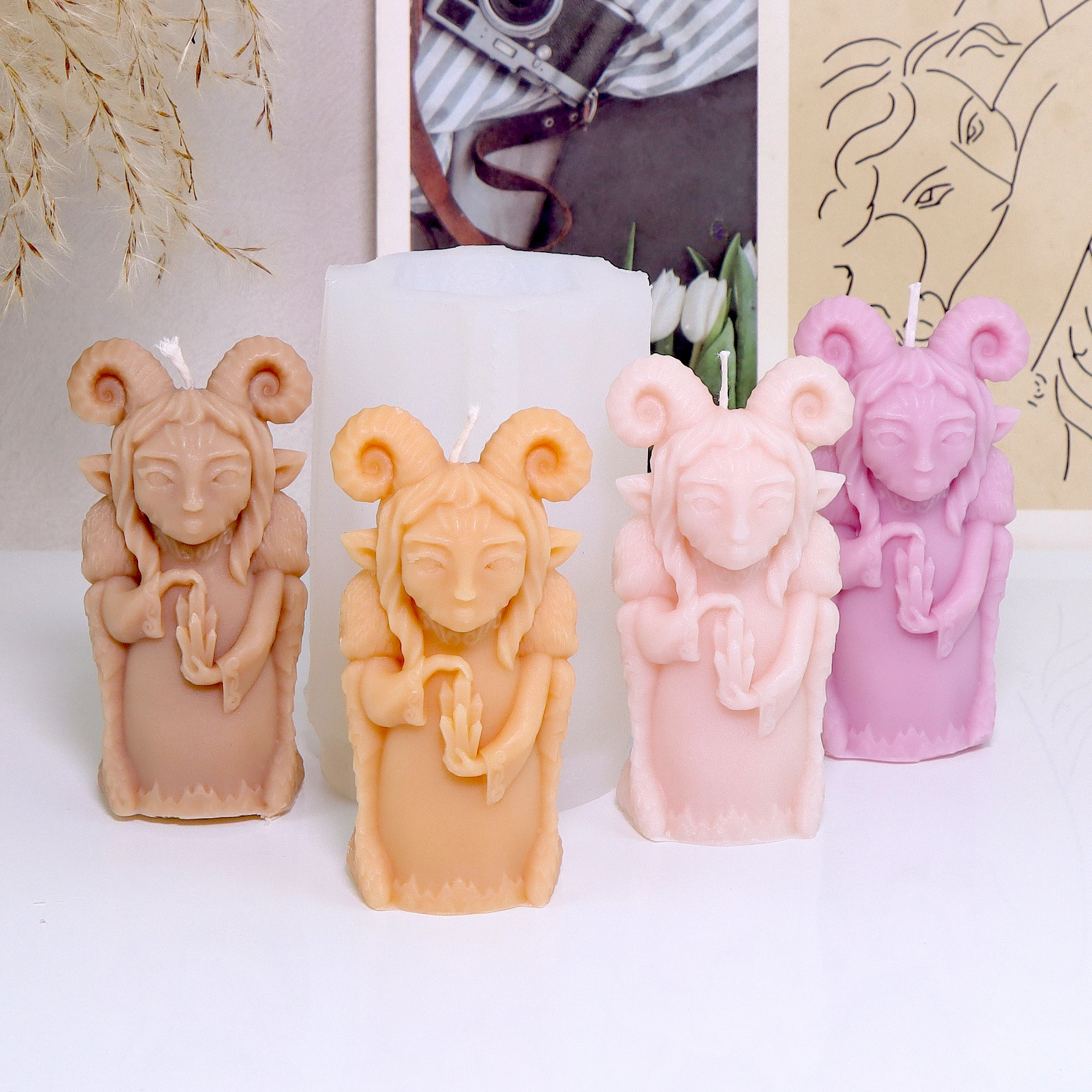 Molde de silicona gótico de elfo cabra para velas, cera de aromaterapia, resina, arcilla polimérica, herramienta para estatuas, cabeza de cabra fauno, arte de hadas, decoración del hogar