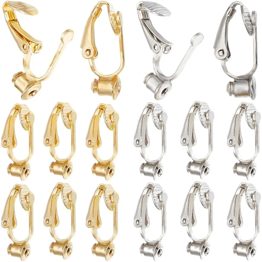 1 Box 40Pcs 2 Colors Gold Earring Converter Brass Clip on Earrings with Post Non Pierced Ears Converters Findings Silver Flat