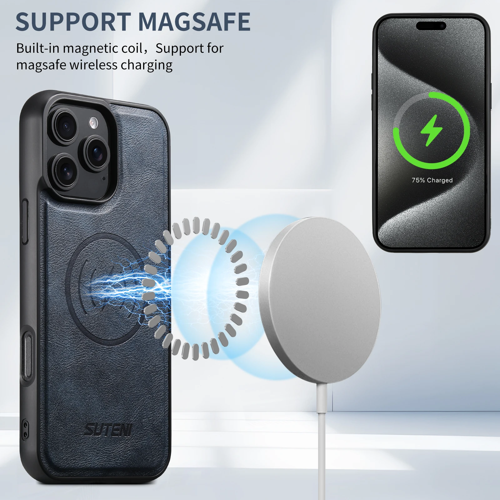 SUTENI Mattierte Kunstleder-Handyhülle mit Magnet und kabelloser Ladefunktion für iPhone 18 Pro Max 17 Air 16 Plus 15 14 Pro 13 12 – Detail 6