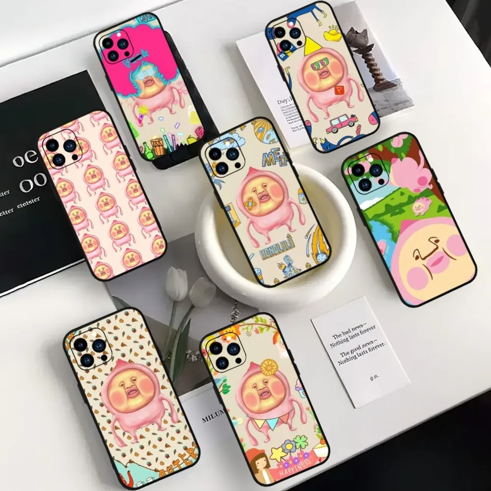 Cute Cartoon Kobito Peach Phone Case For iPhone Mini 11 12 13 14 15 Pro XS Max X Plus SE XR Black Soft Shell