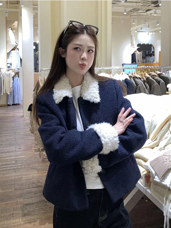 

Корейское шерстяное пальто с воротником из овечьего меха, теплое, осенне-зимнее, модная верхняя одежда, синий цвет