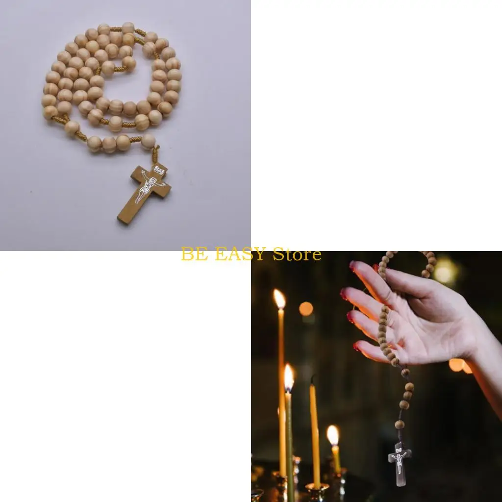 E28F Religious Rosary Necklace with Handcrafts Wood Beads and Wooden Crosses for Catholic Prayer Religious Accessories Gift