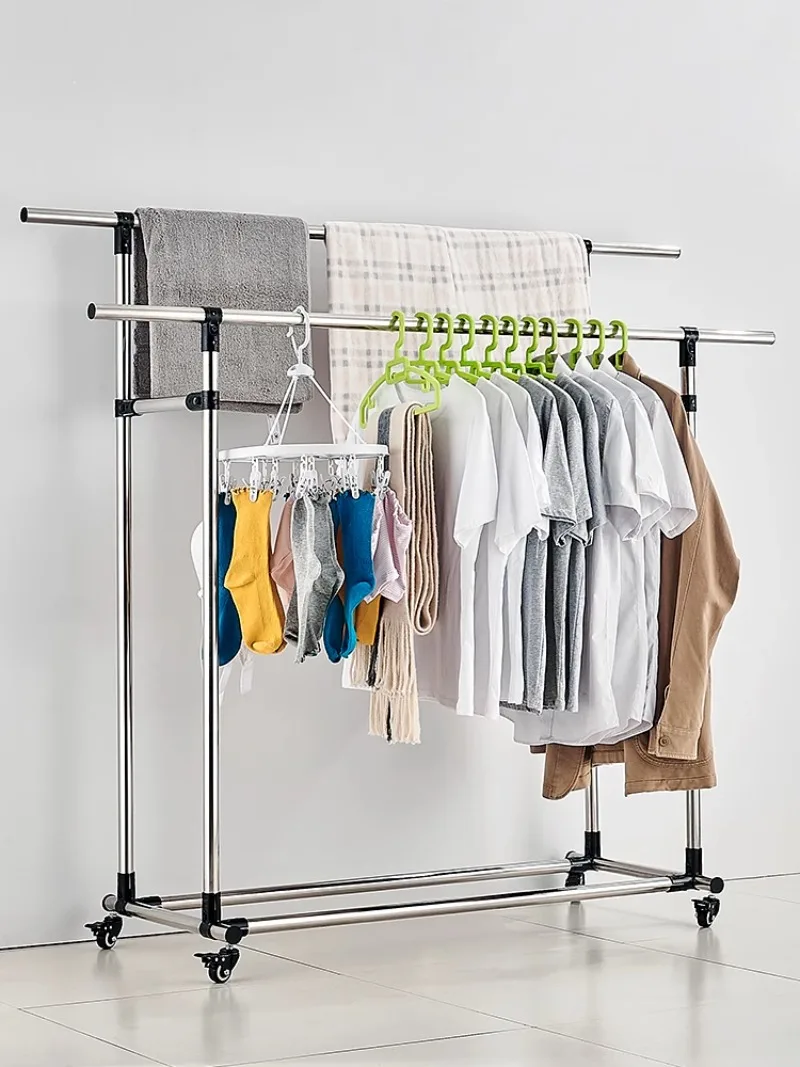 

Stainless Steel Laundry Rack Mobile Coat Hanger Floor Thickening Bolding Home Balcony Bedroom Indoor Hang Clothes Pole Shelf