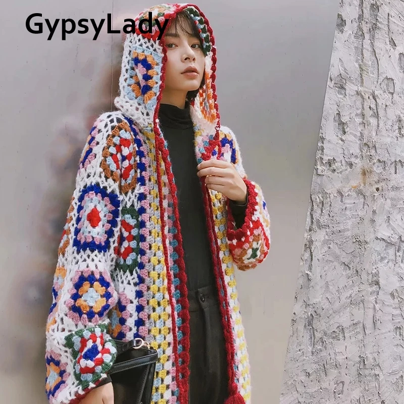 GypsyLady Handmade Knitted Sweaters Long Cardigan Hippie Boho Mohair Coat Long Sleeve Ethnic Chic Ladies Hooded Coats Autumn