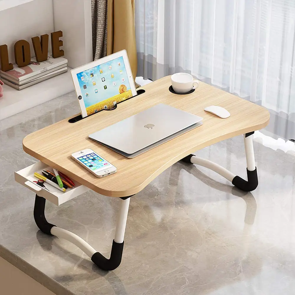 Multifunction Lap Desk with Storage Drawer & Cup Holder, 23" Walnut Laptop Tray for Sofa, Bed or Floor - Foldable & Adjustable