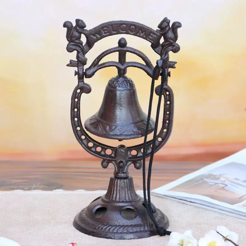 

Cast Iron Tabletop Dinner Bell On Stand Lovely Squirrel With Welcome Sign Farmhouse Outdoor Counter Hand Bell Retro Rustic Heavy