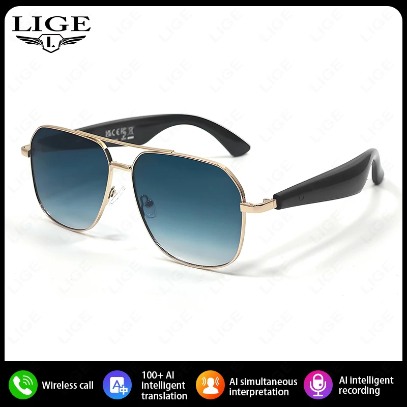 LIGE Fashion Gradient AI Smart Glasses Translator Make Answer Call Voice Assistant Listen Song Sunglasses AI Translation Glasses
