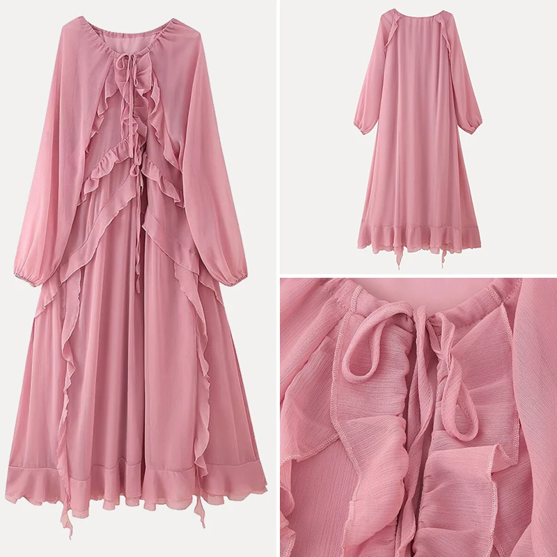 

Z 2025 New Sle Women's Faion Casual Layered Ruffle Hem Tie Drapey Chiffon Dr Sweet Sle Long Sve round Ne