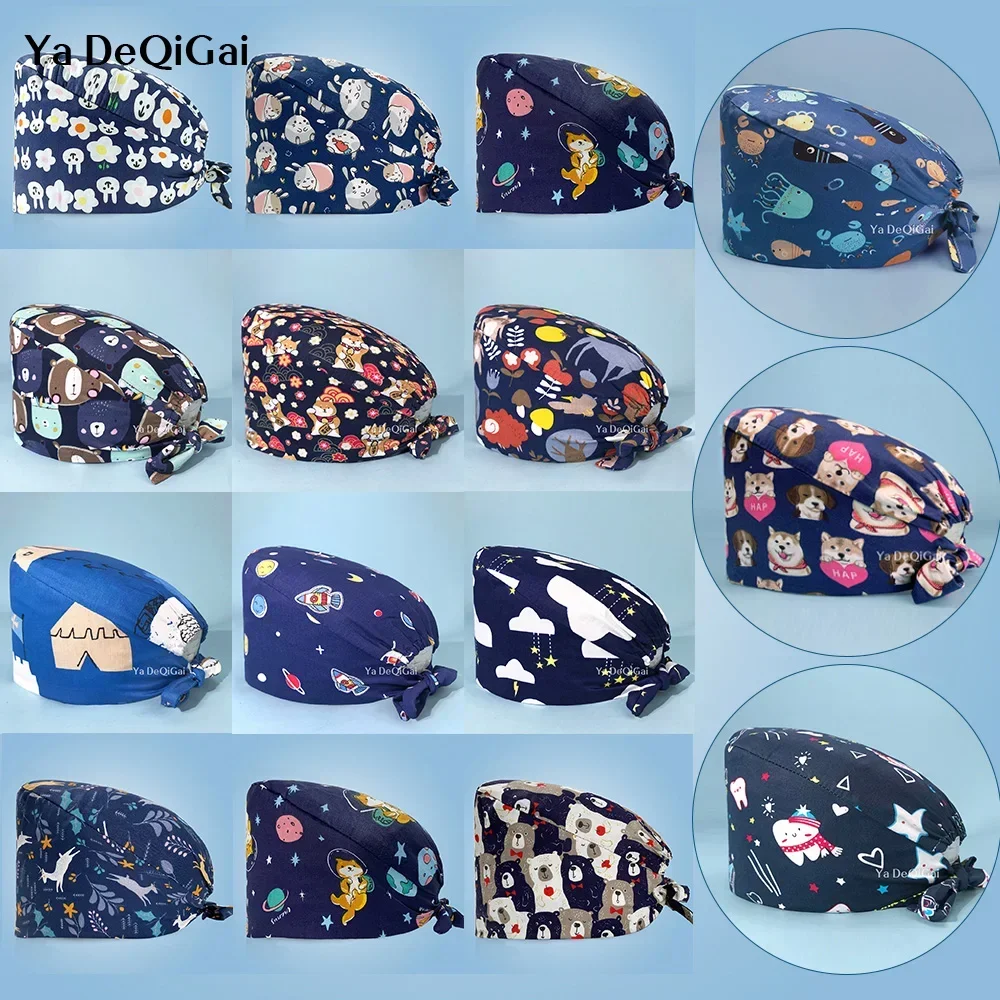 Gorros de enfermería ajustables con estampado de dibujos animados, accesorios médicos, tienda de mascotas, veterinario, Chef, gorro de trabajo quirúrgico