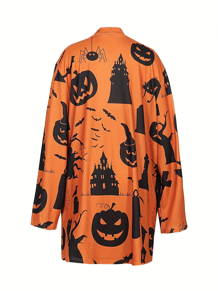 Plus Size Women\'s Halloween Costumes Women\'s Pullover Autumn Pumpkin Graphic Cardigan Open Front Button Sweater Outerwear